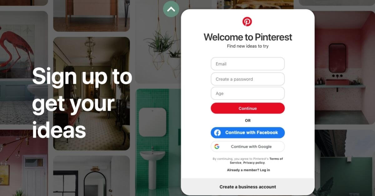 pinterest homepage signup page image